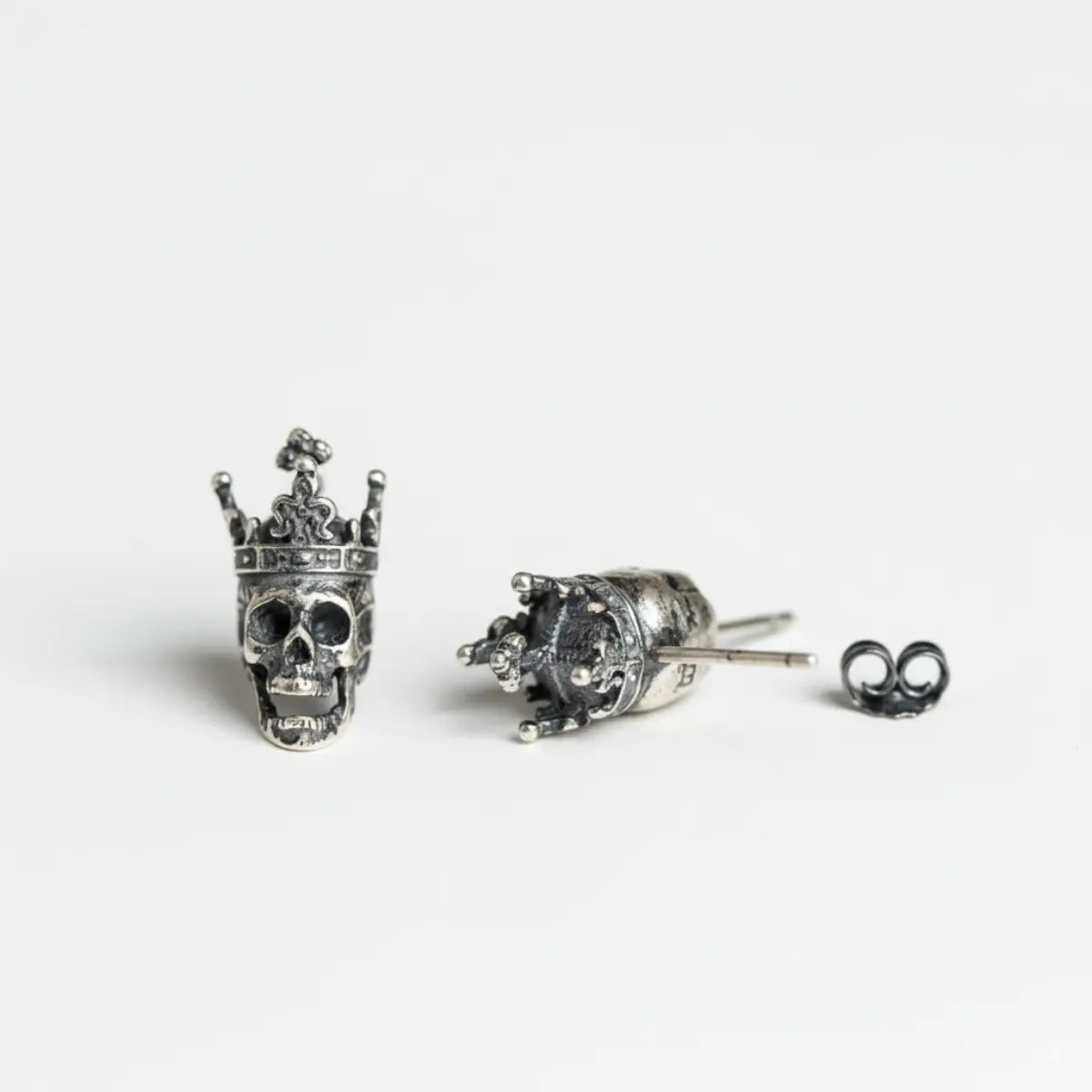 Silver Skull Crown Stud Earrings Back