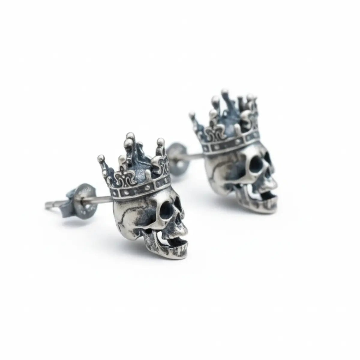 Silver Skull Crown Stud Earrings Side