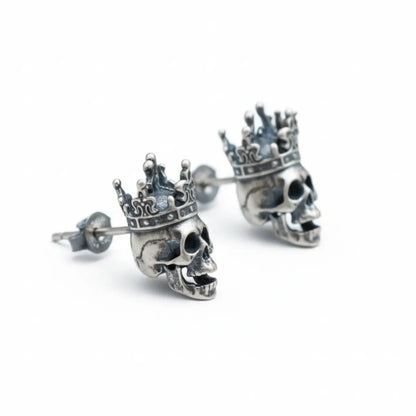 Silver Skull Crown Stud Earrings Side