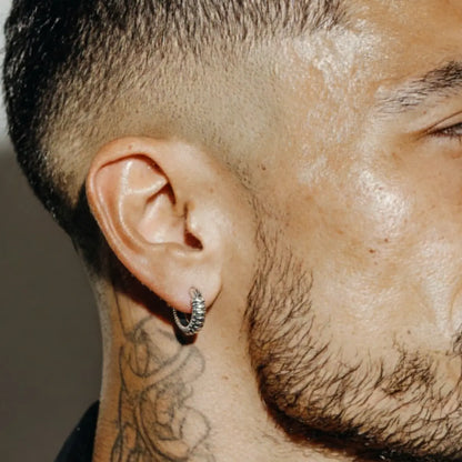 Silver Snake Skin Hoop Earrings Worn by Male Model