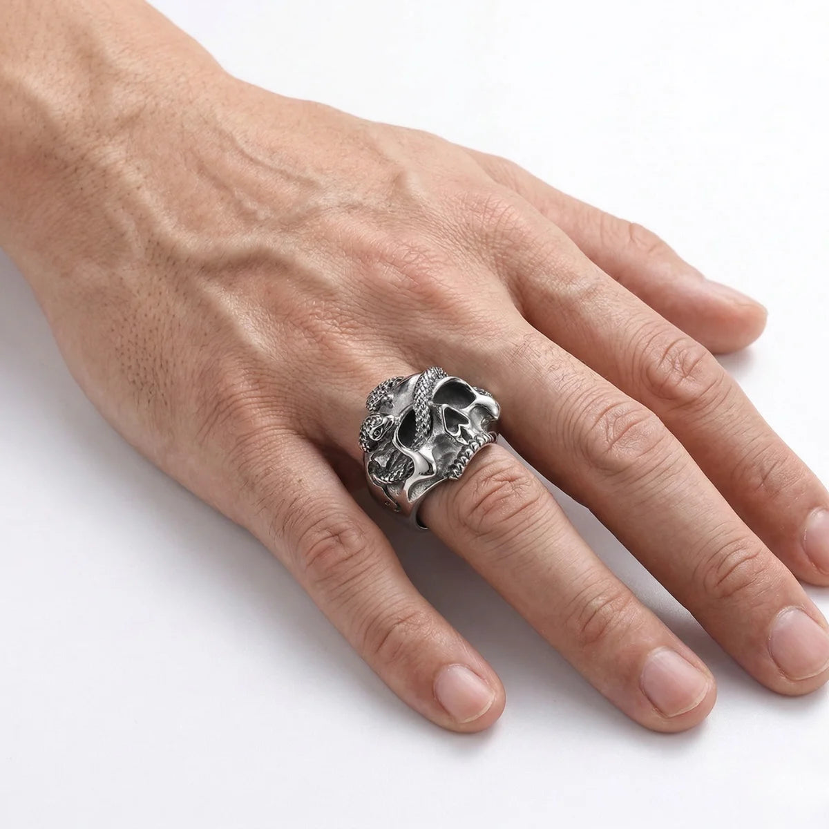 Silver Snake Skull Ring Worn by Male Model