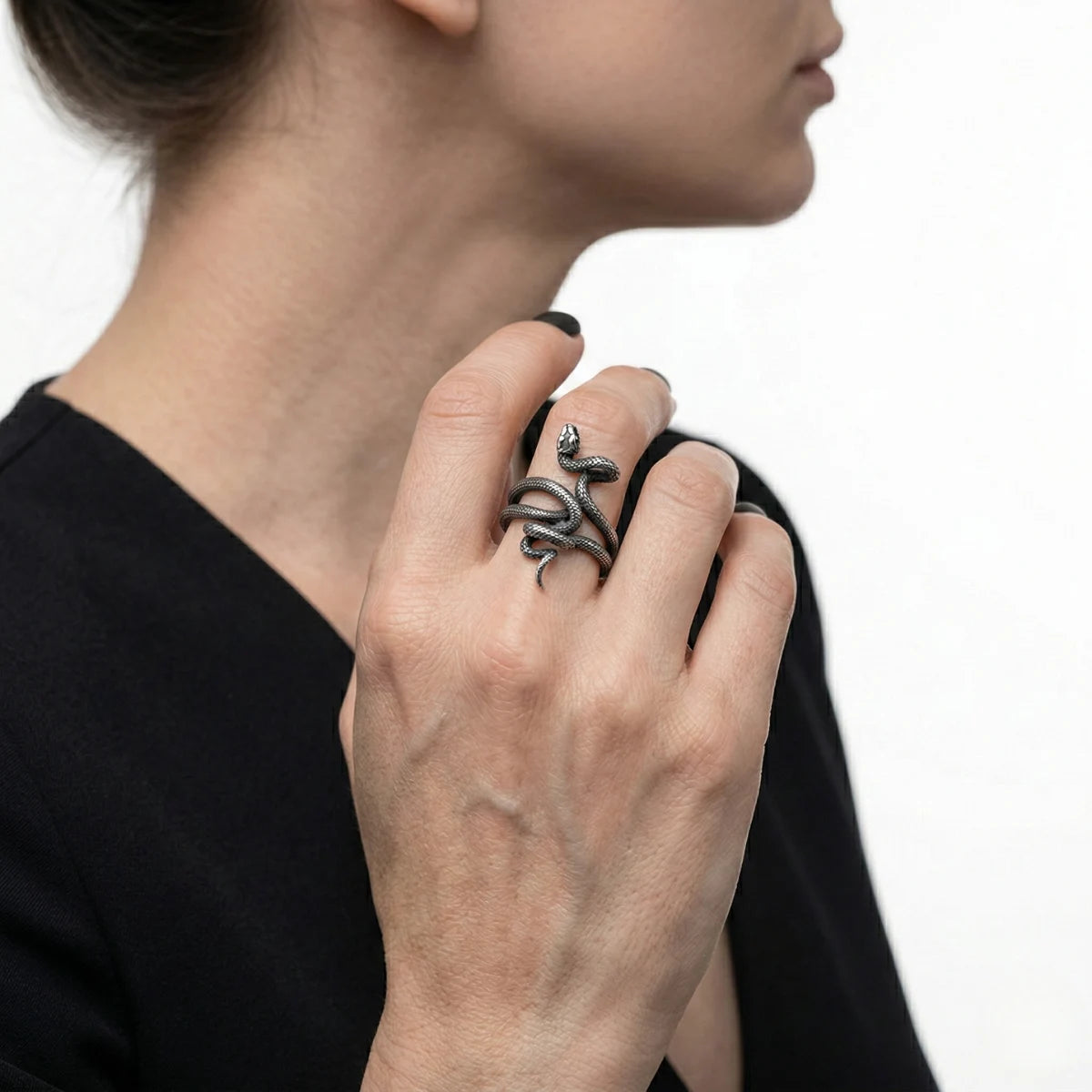 Silver Spiral Snake Ring Worn by Female Model