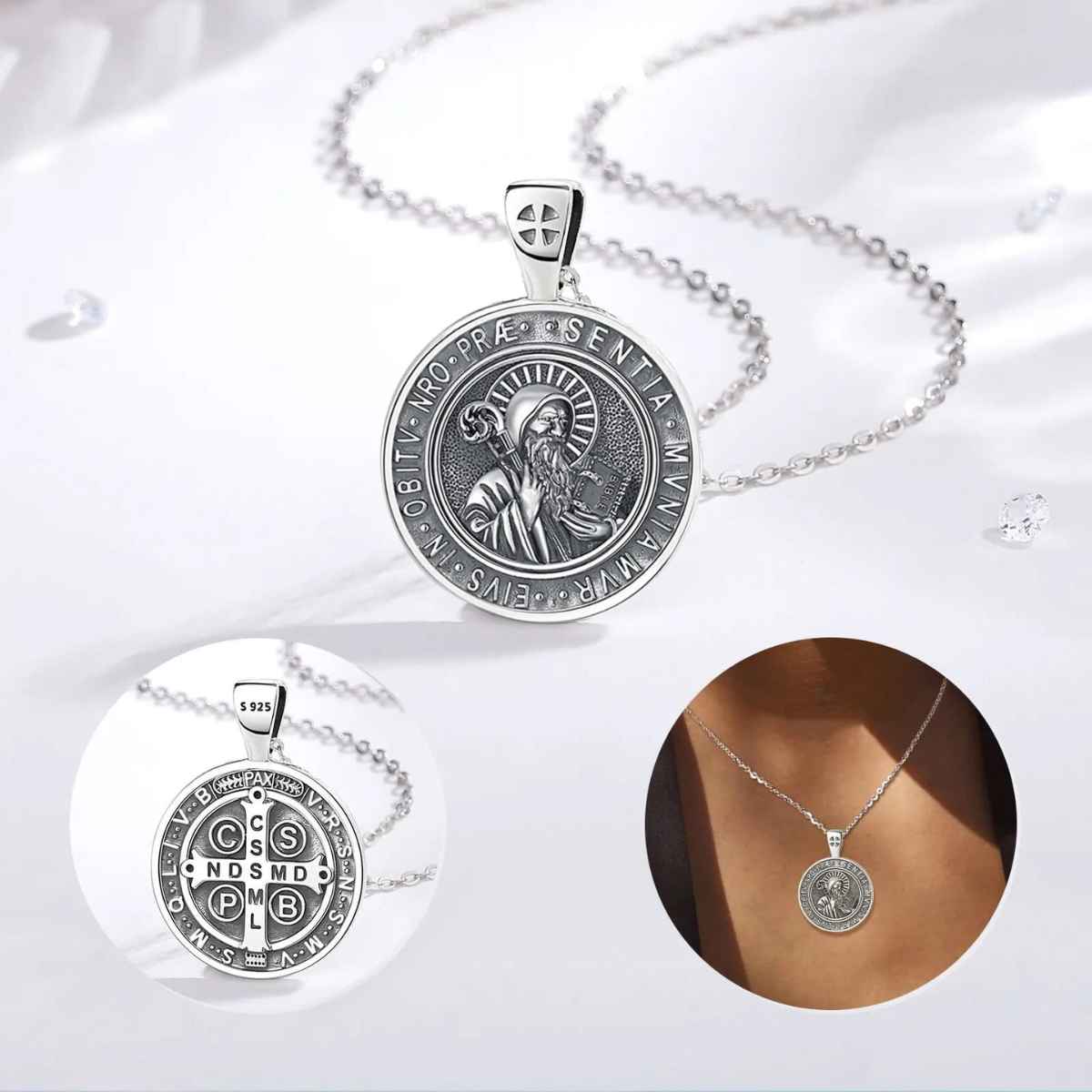 Silver St Benedict Crucifix Medal Necklace Details Xenos Jewelry