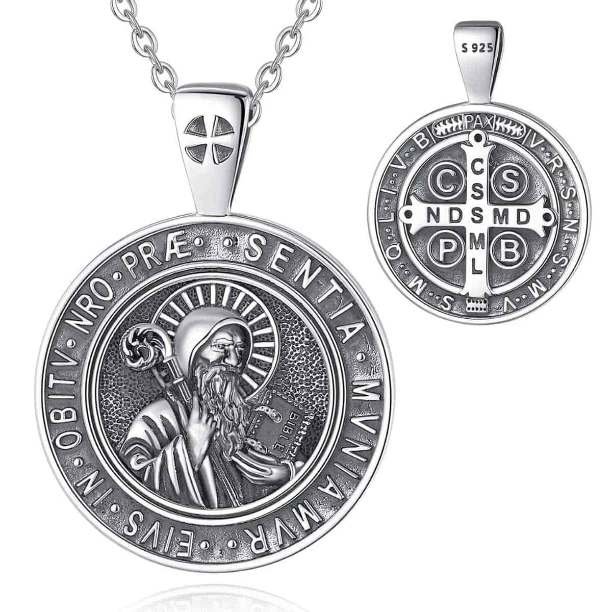 Silver St Benedict Crucifix Medal Necklace with 20 inch Chain Xenos Jewelry