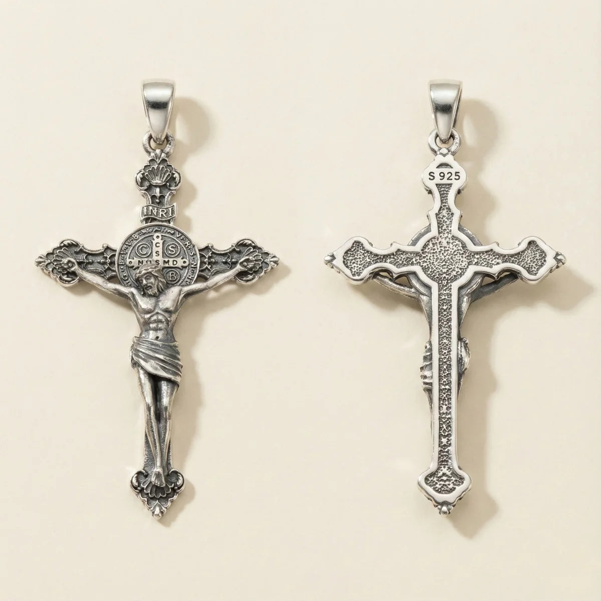 Silver St Benedict Crucifix Necklace with INRI Front and Back Side