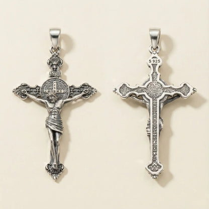 Silver St Benedict Crucifix Necklace with INRI Front and Back Side