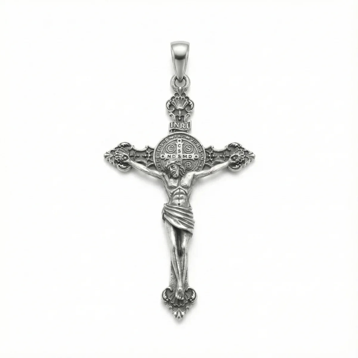 Silver St Benedict Crucifix Necklace with INRI Front
