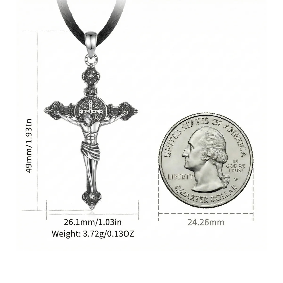 Silver St Benedict Crucifix Necklace with INRI Size Comparison
