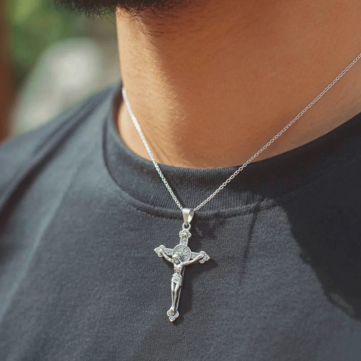 Silver St. Benedict Crucifix Necklace with INRI Worn by Male Model