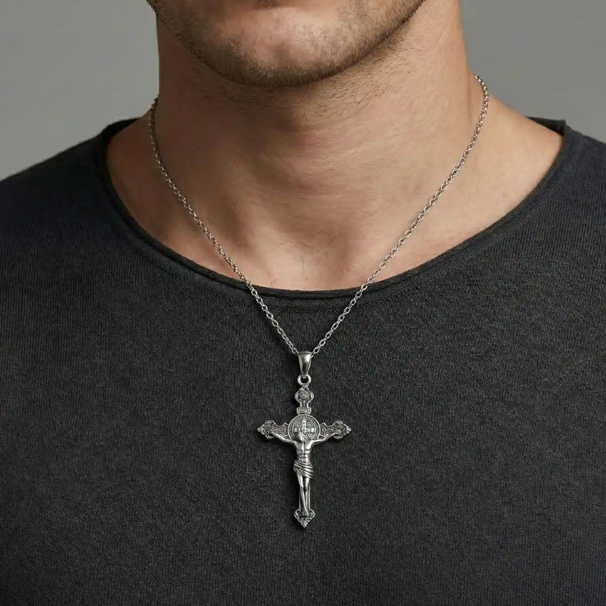 Silver St Benedict Crucifix Necklace with INRI Worn by Male Model