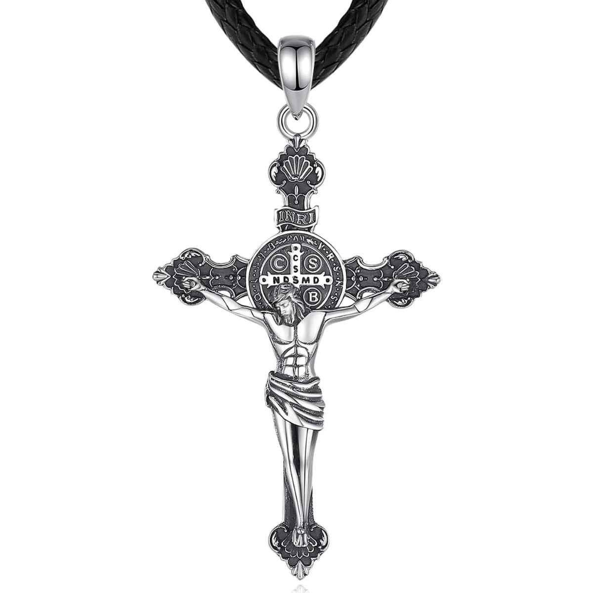 Silver St Benedict Crucifix Necklace with INRI with 24inch Rope Xenos Jewelry