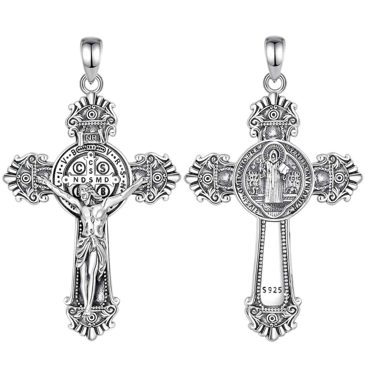 Silver St Benedict Crucifix Necklace with Intricate Design Pendant Only Xenos Jewelry