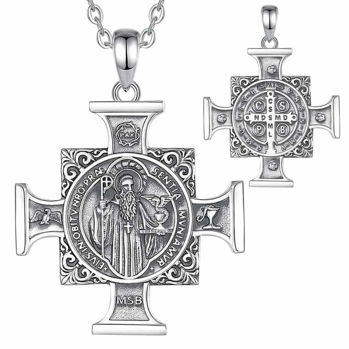 Silver St Benedict Maltese Cross Pendant with 20 inch Chain Xenos Jewelry