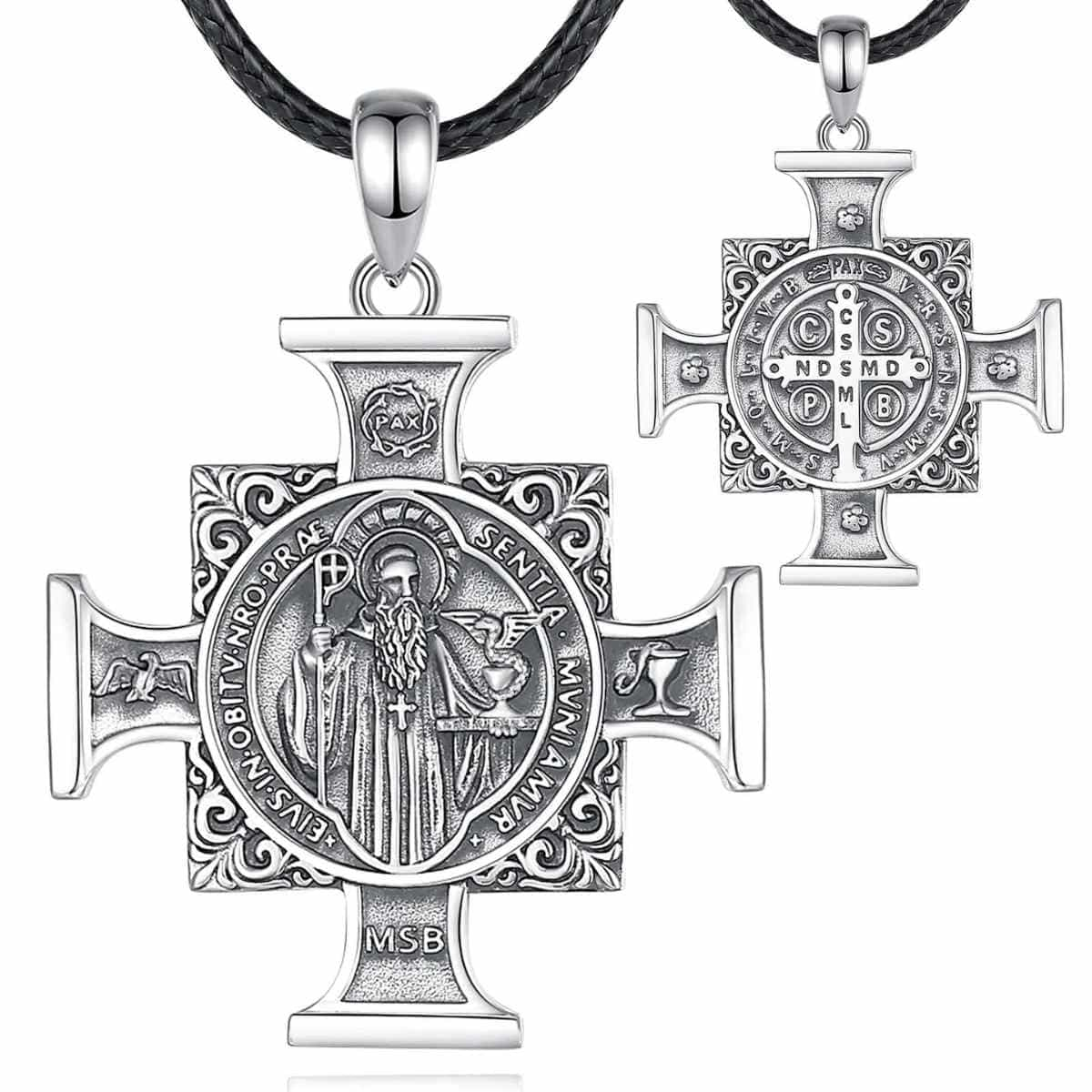 Silver St Benedict Maltese Cross Pendant with 24 inch Rope Xenos Jewelry