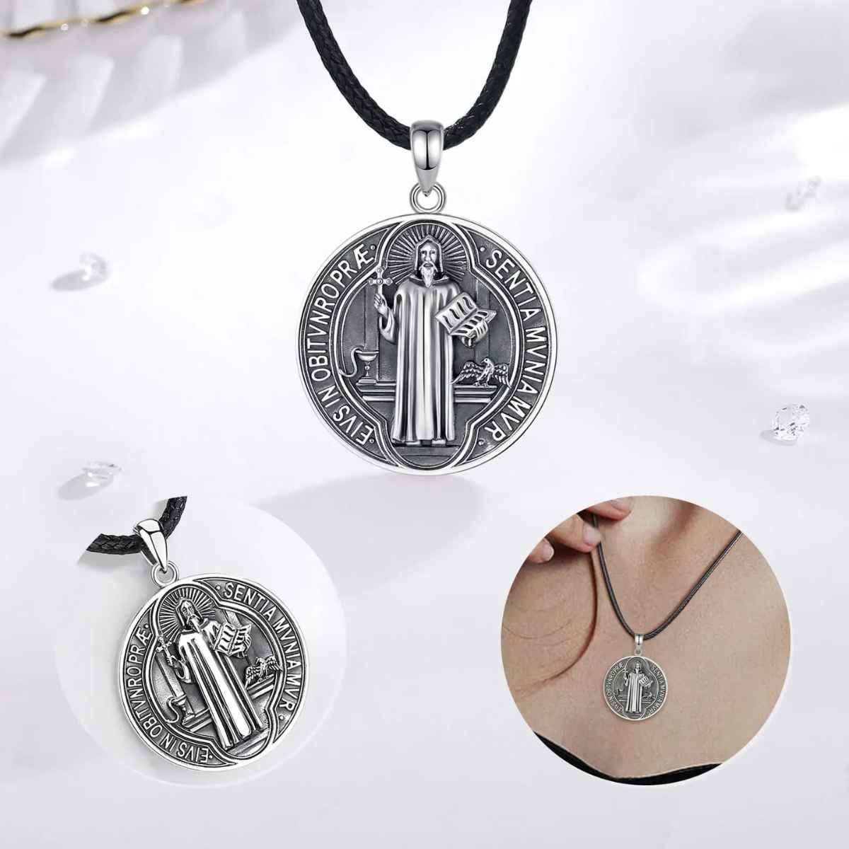 Silver St Benedict Medal Necklace Details Xenos Jewelry