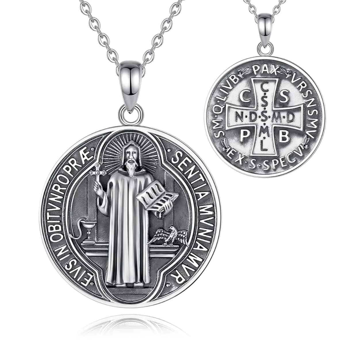 Silver St Benedict Medal Necklace with 18 inch Chain Xenos Jewelry