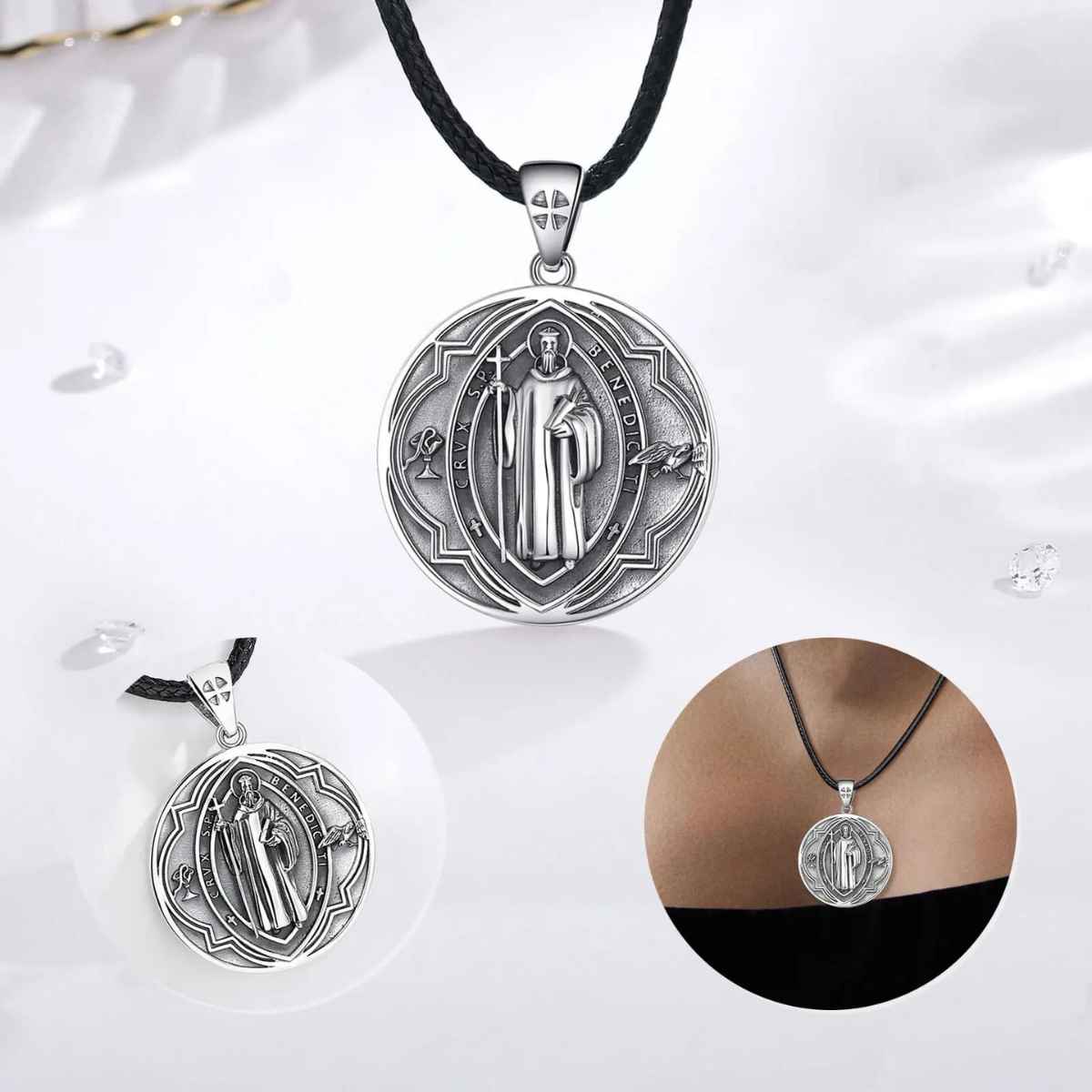 Silver St Benedict Necklace Medal with Raven Details Xenos Jewelry