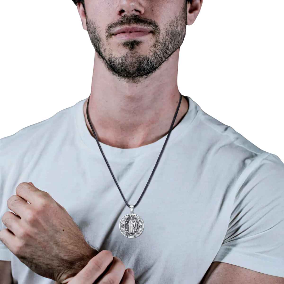 Silver St Benedict Necklace Medal with Raven Worn by Model Xenos Jewelry