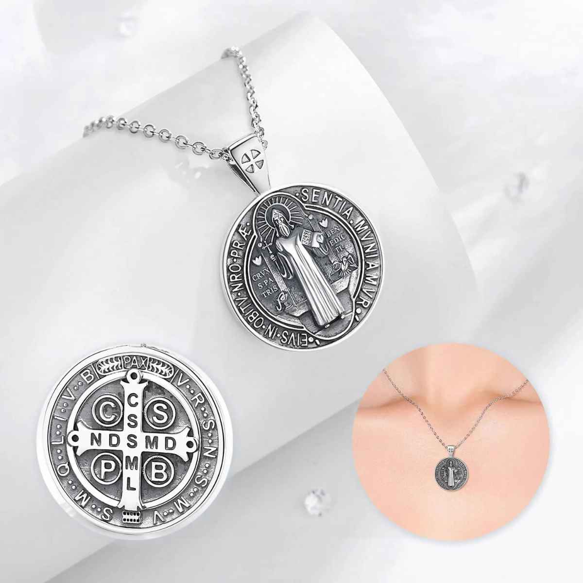 Silver St Benedict Necklace Medallion Details Xenos Jewelry