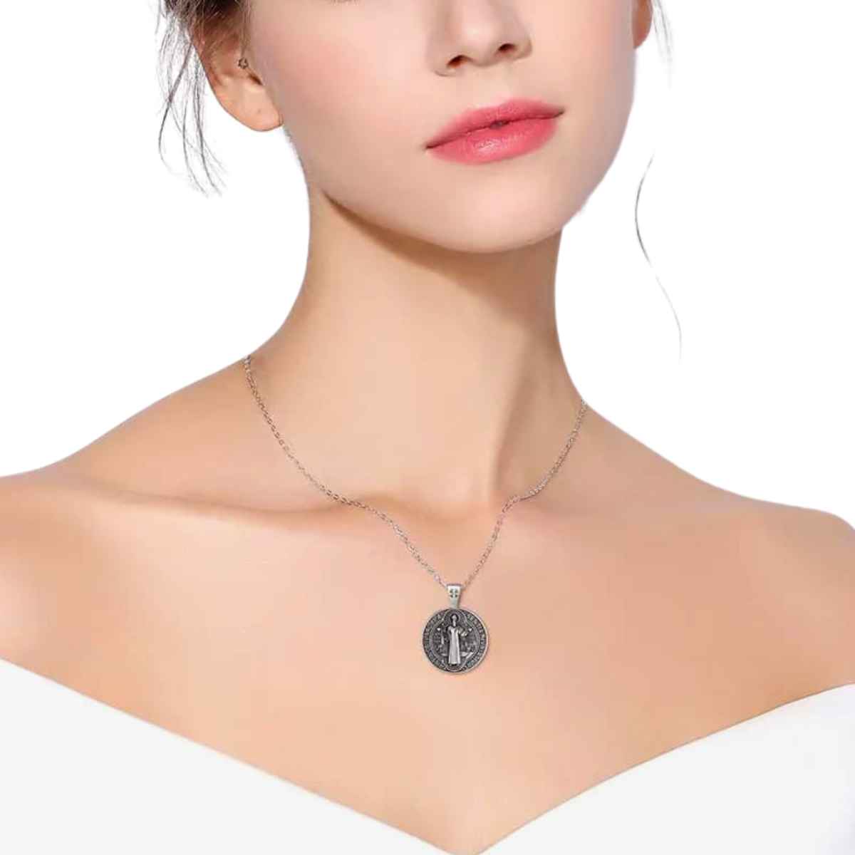 Silver St Benedict Necklace Medallion Worn by Model Xenos Jewelry