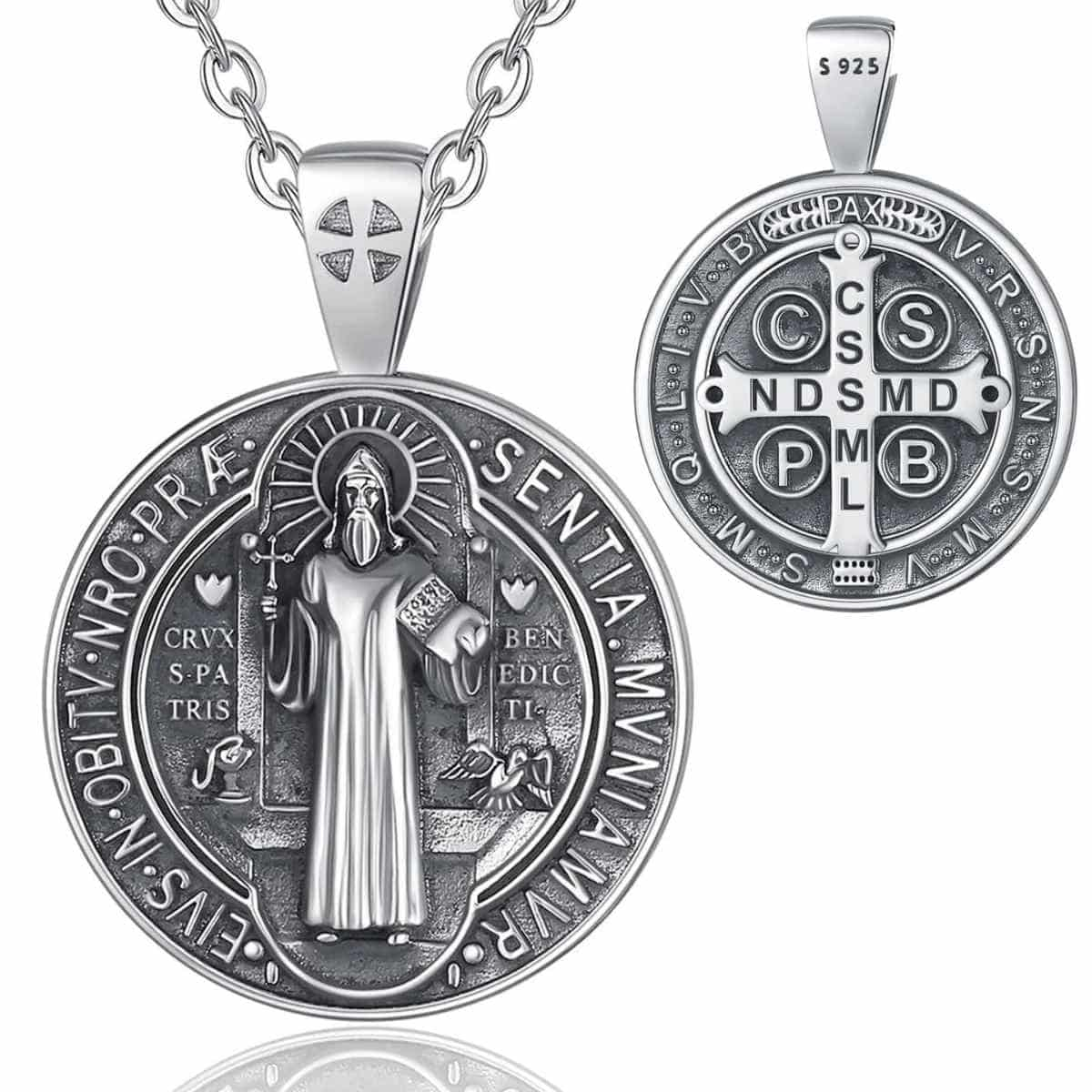 Silver St Benedict Necklace Medallion with 20 inch Chain Xenos Jewelry