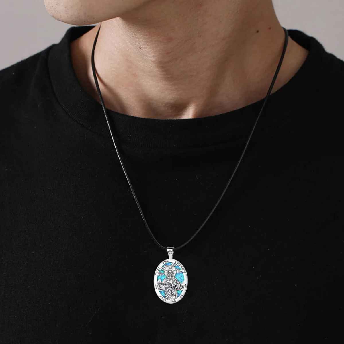 Silver St Jude Chain with Blue Inlay Worn by Model Xenos Jewelry