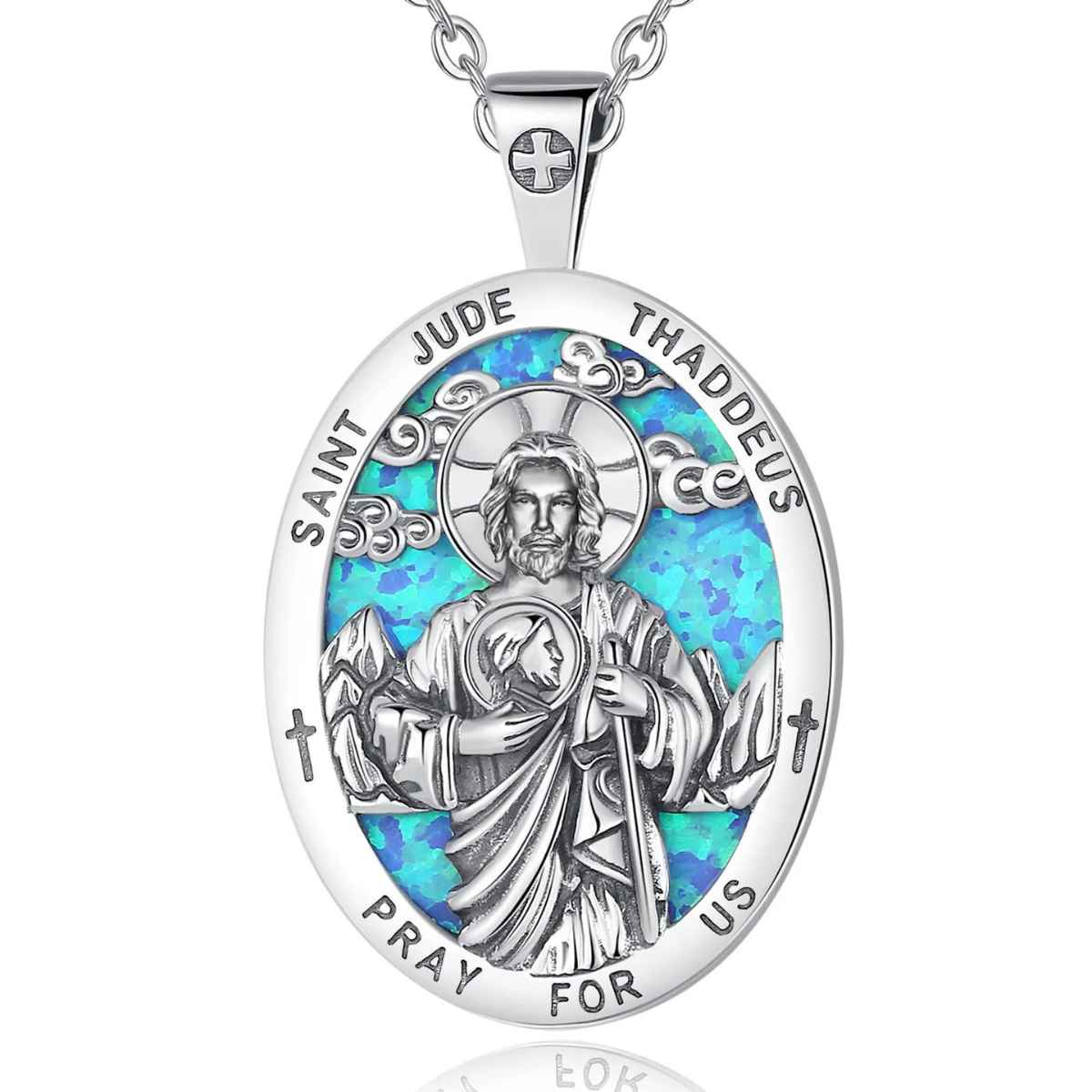 Silver St Jude Chain with Blue Inlay with 18 inch Chain Xenos Jewelry