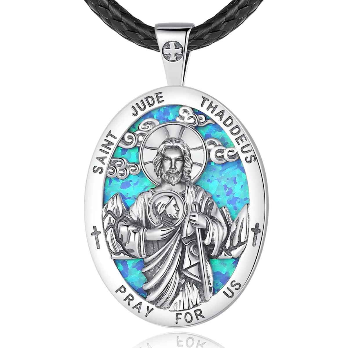 Silver St Jude Chain with Blue Inlay with 24 inch Rope Xenos Jewelry