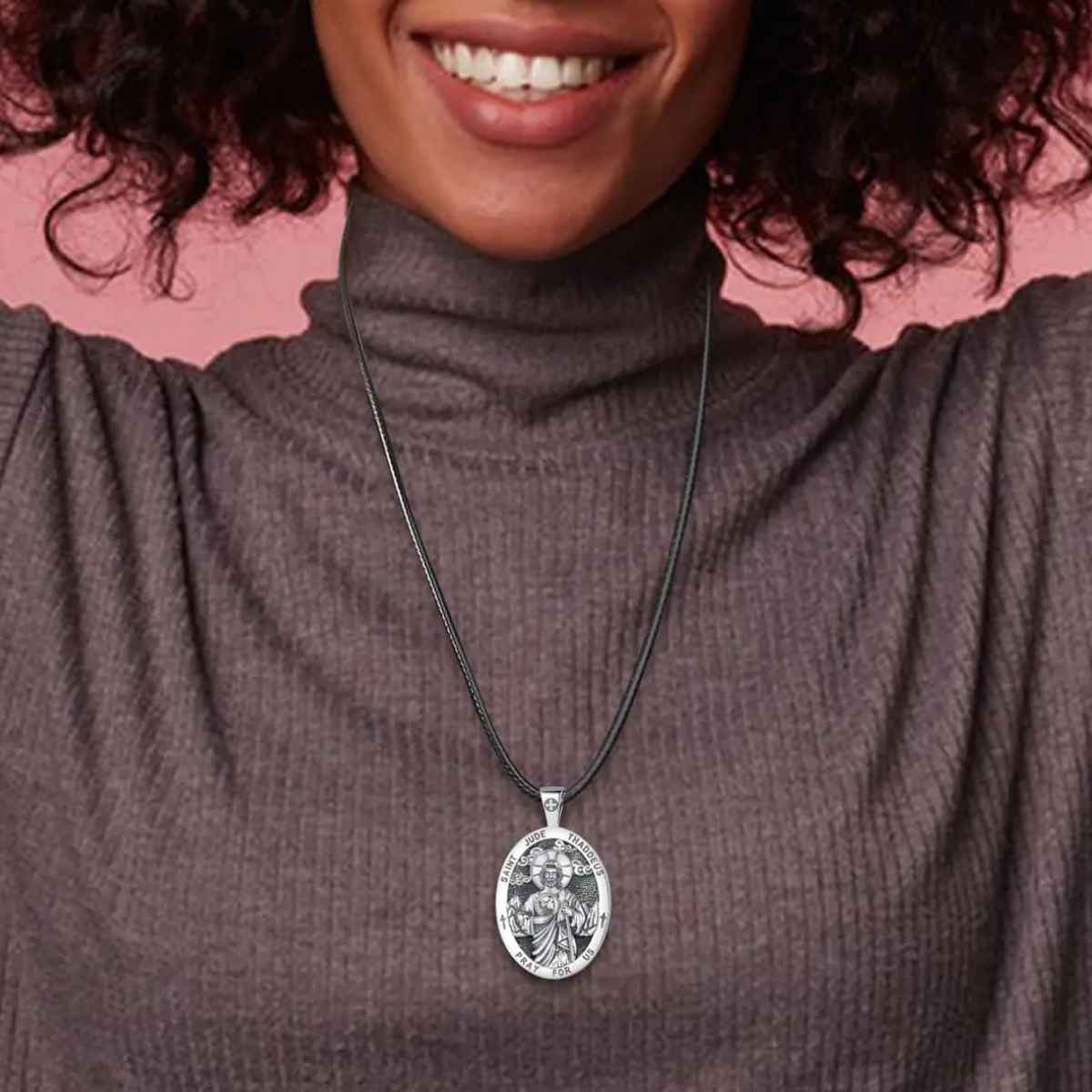 Silver St Jude Pendant Worn by Model Xenos Jewelry