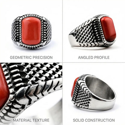 Silver Textured Red Stone Ring Features