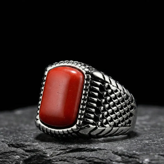 Silver Textured Red Stone Ring