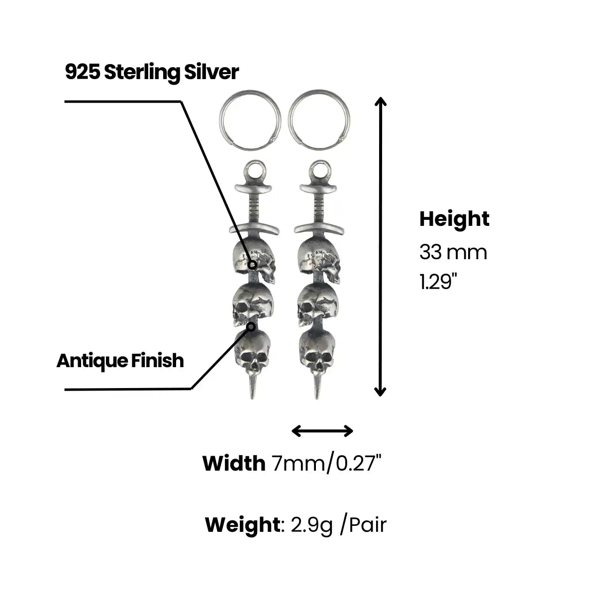 Silver Three Skulls Hoop Sword Earrings Dimensions and Weight