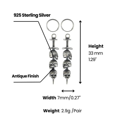 Silver Three Skulls Hoop Sword Earrings Dimensions and Weight