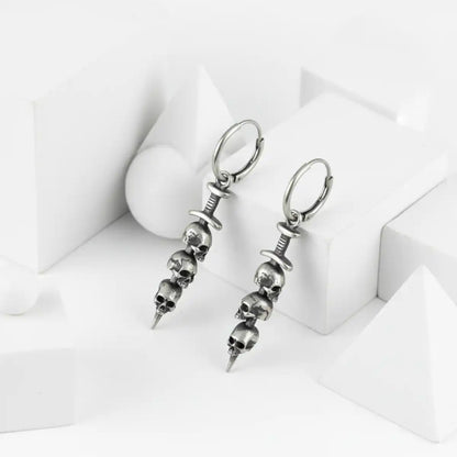 Silver Three Skulls Hoop Sword Earrings Front