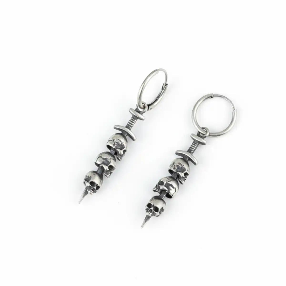 Silver Three Skulls Hoop Sword Earrings Side