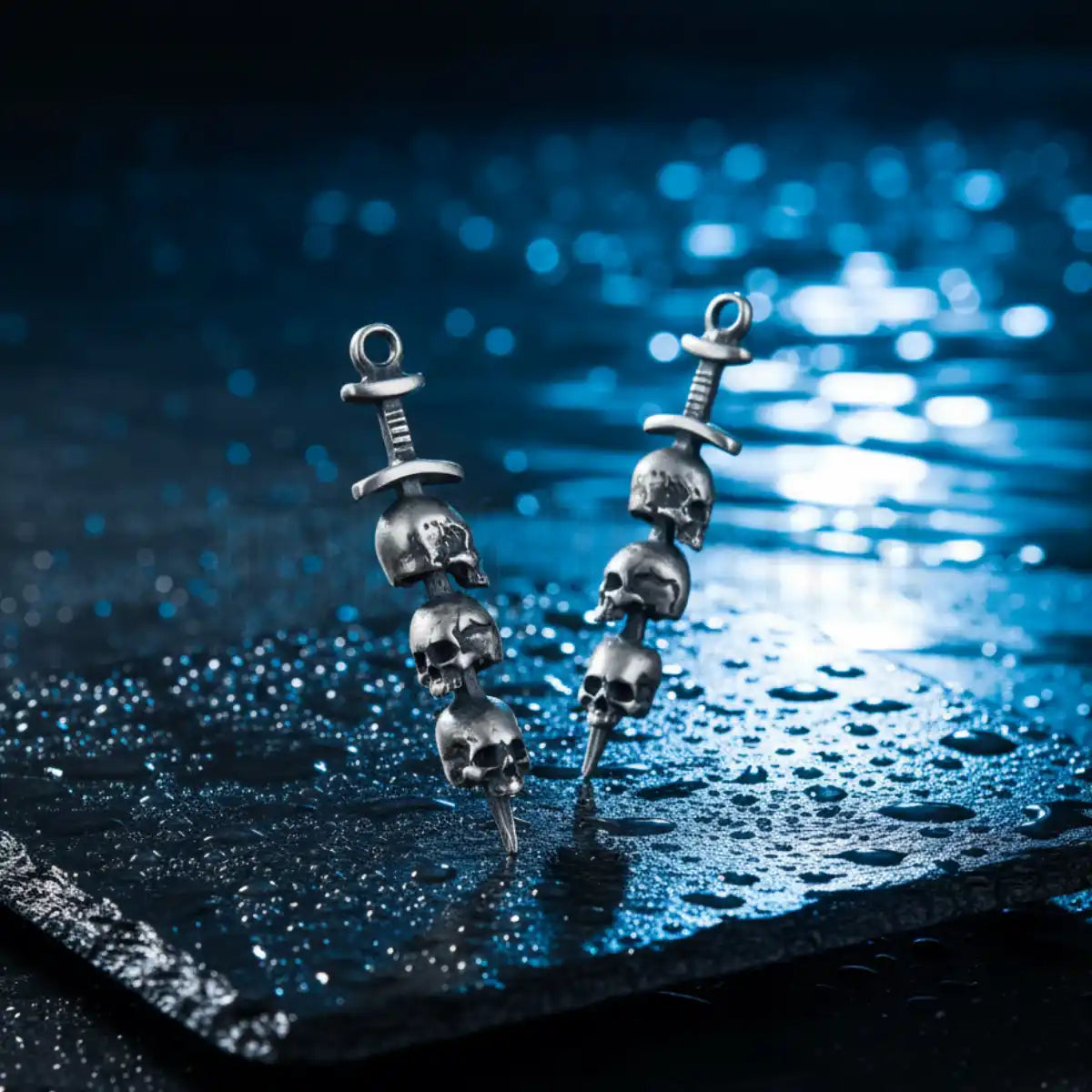 Silver Three Skulls Hoop Sword Earrings