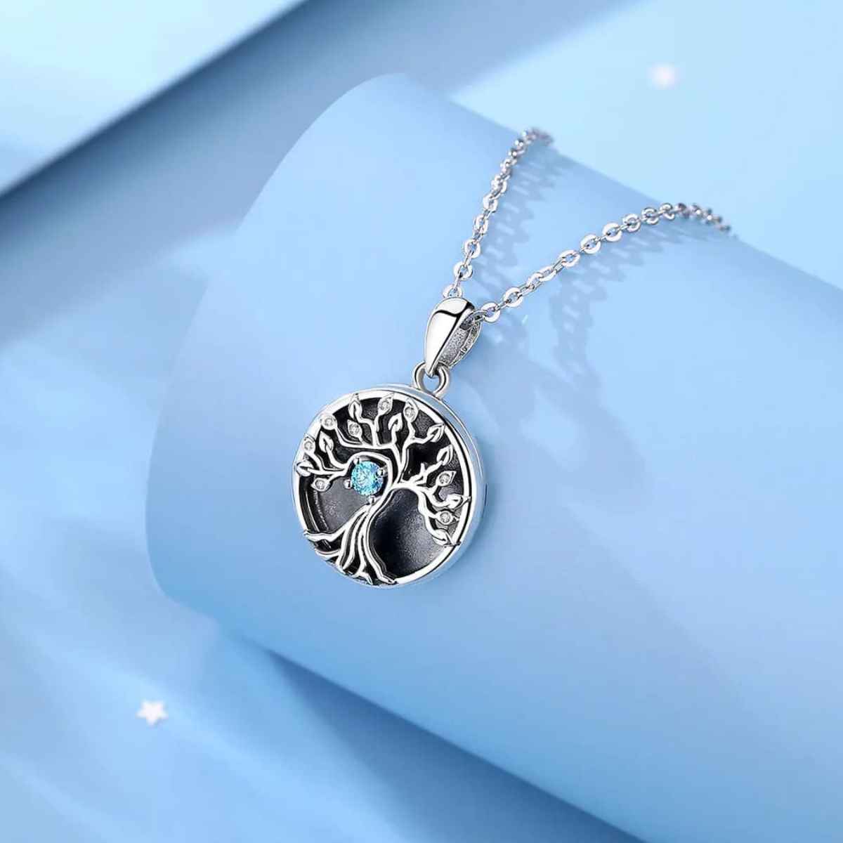 Silver Tree of Life Locket Necklace with Blue Gem Details Xenos Jewelry