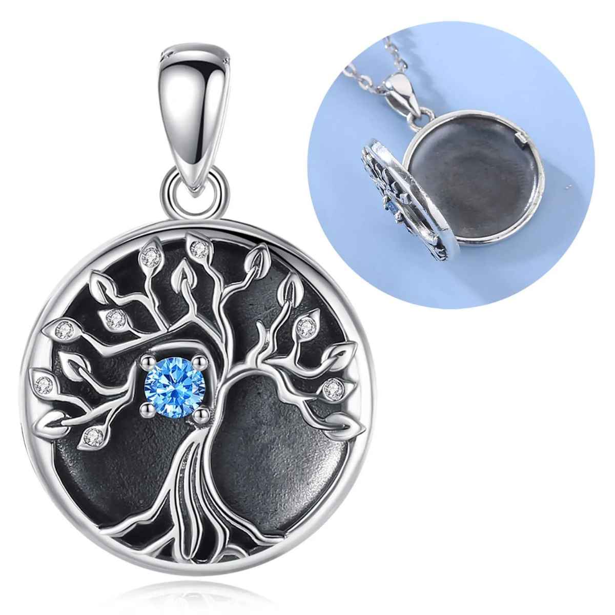 Silver Tree of Life Locket Necklace with Blue Gem Pendant Only Xenos Jewelry