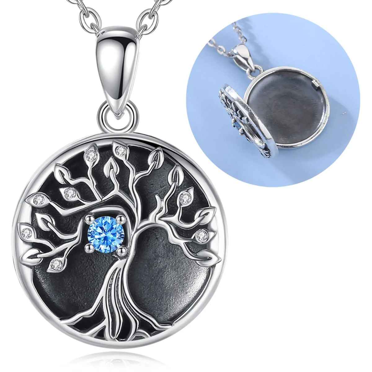 Silver Tree of Life Locket Necklace with Blue Gem with 18 inch Chain Xenos Jewelry