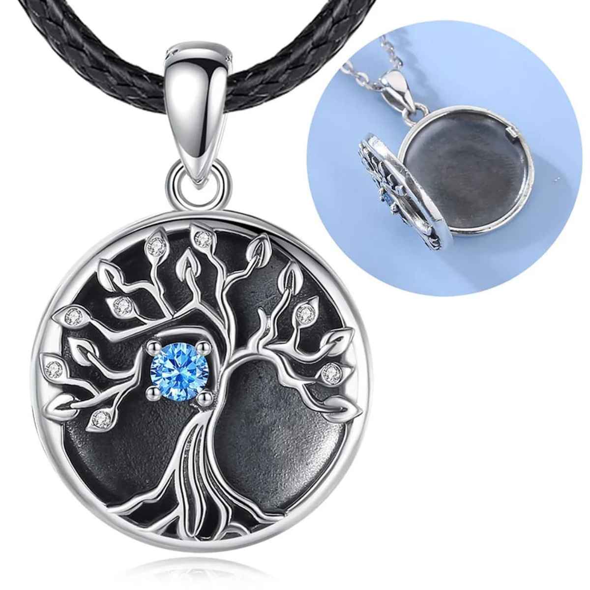 Silver Tree of Life Locket Necklace with Blue Gem with 24 inch Rope Xenos Jewelry