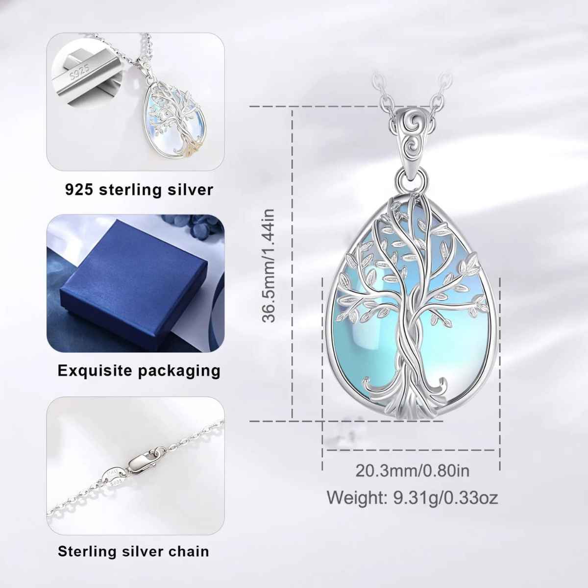 Silver Tree of Life Pendant Moonstone Teardrop Dimensions and Weight Xenos Jewelry