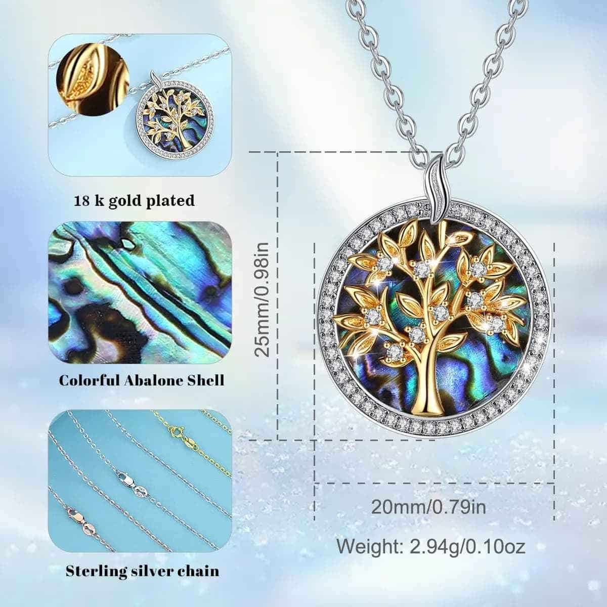 Silver Tree of Life Pendant with Abalone Inlay Dimensions and Weight Xenos Jewelry