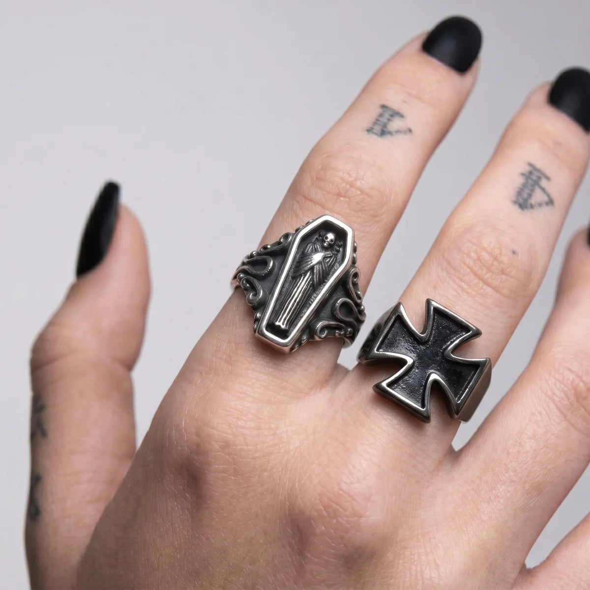 Silver Vampire Coffin Ring and Iron Cross Ring Worn By Female Model