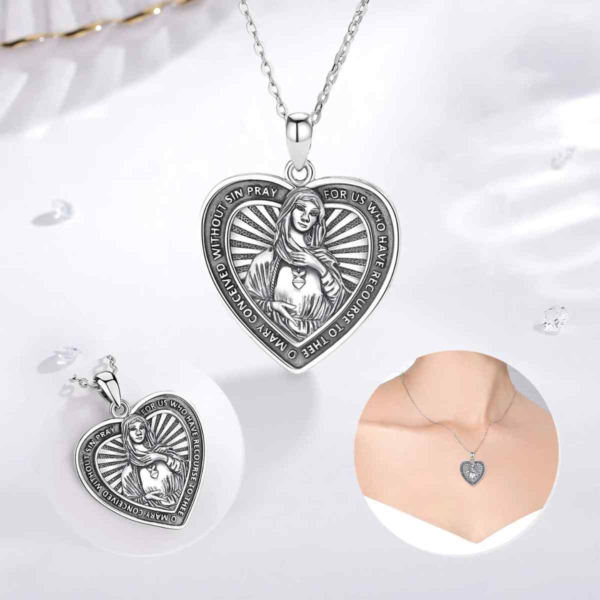 Silver Virgin Mary Heart Shaped Pendant Necklace Details Xenos Jewelry