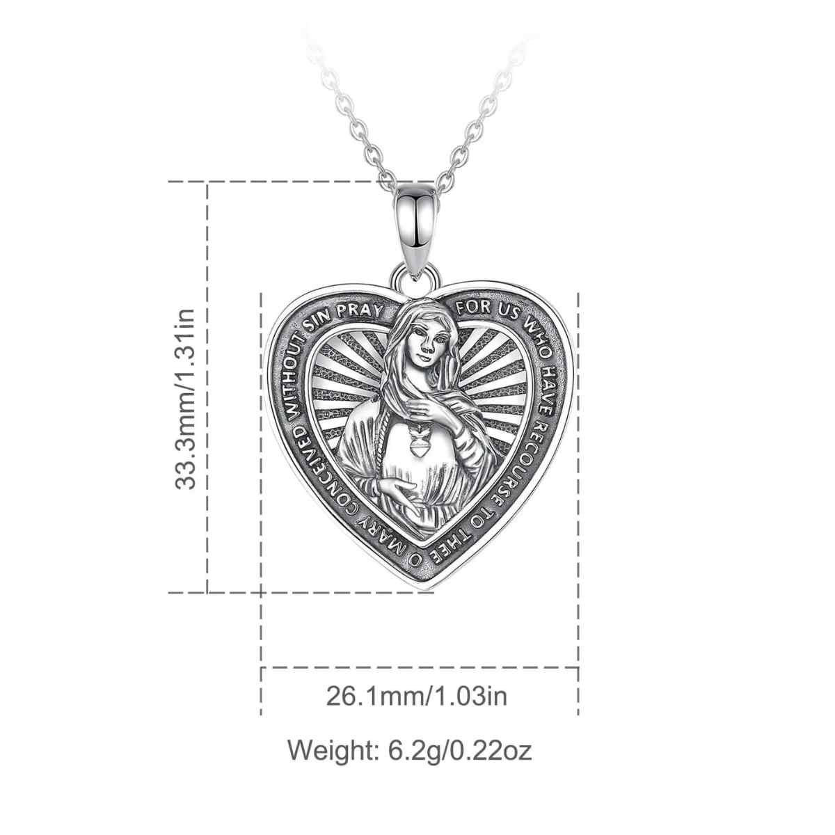 Silver Virgin Mary Heart Shaped Pendant Necklace Dimensions and Weight Xenos Jewelry