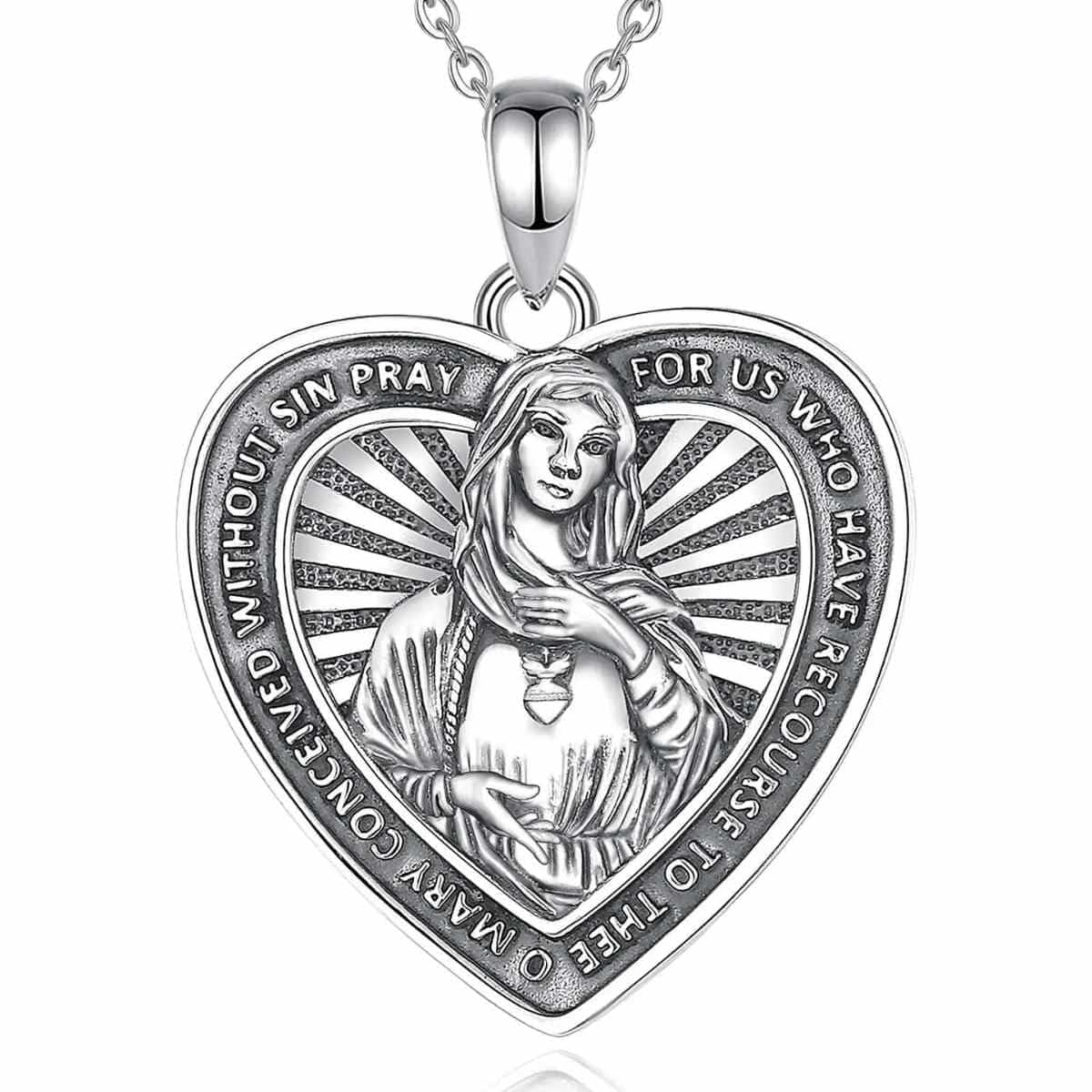 Silver Virgin Mary Heart Shaped Pendant Necklace with 18 inch Chain Xenos Jewelry