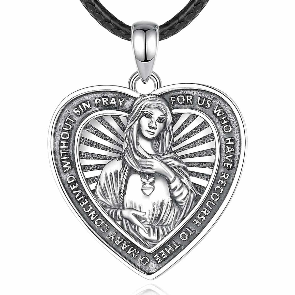 Silver Virgin Mary Heart Shaped Pendant Necklace with 24 inch Rope Xenos Jewelry