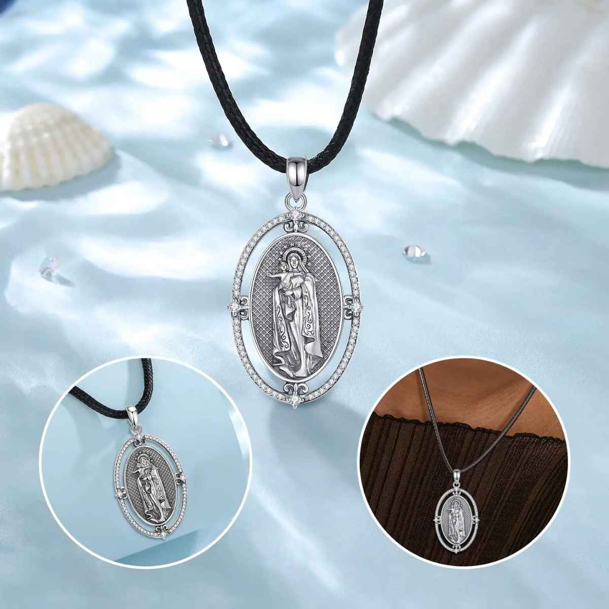 Silver Virgin Mary Miraculous Medal Necklace Details Xenos Jewelry