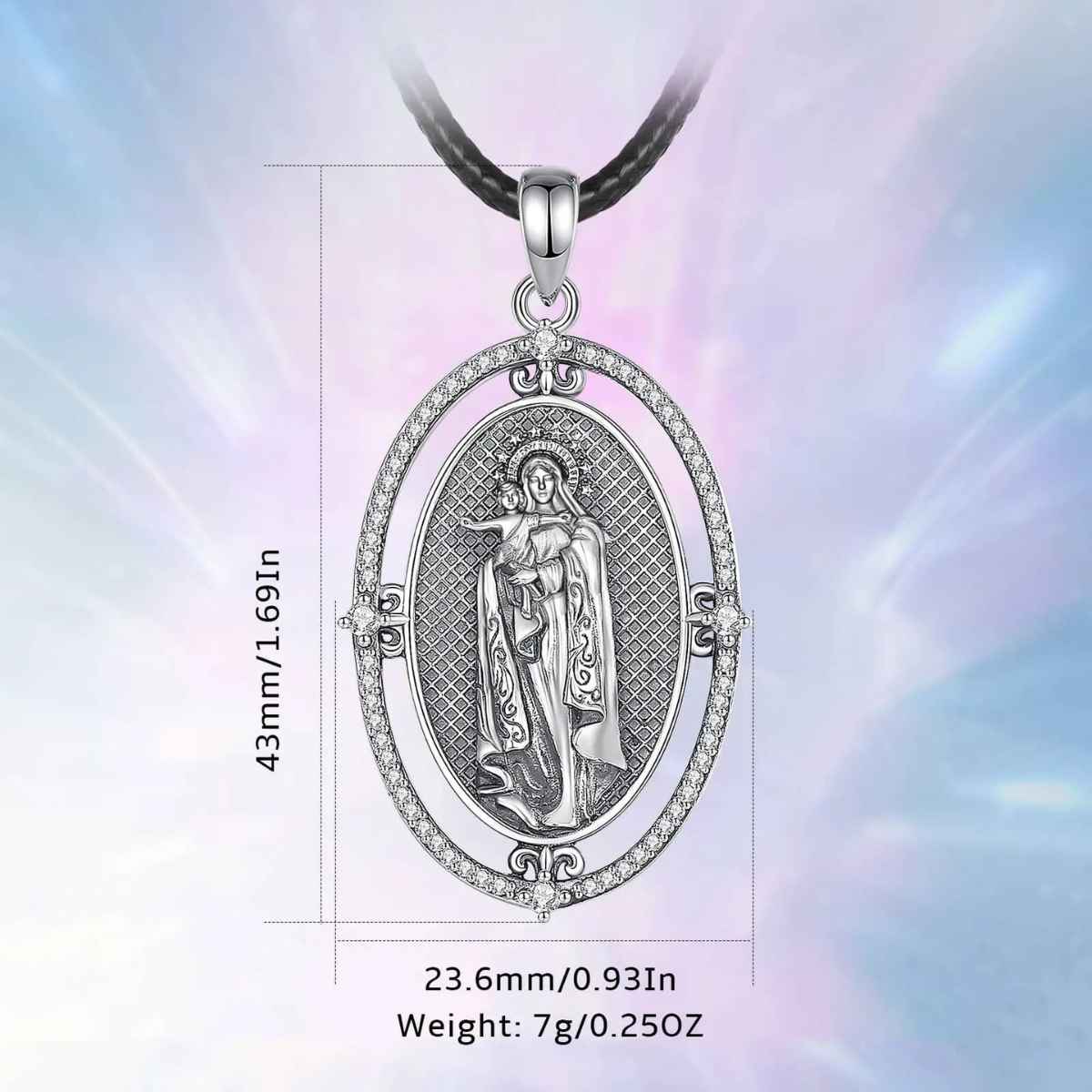 Silver Virgin Mary Miraculous Medal Necklace Dimensions and Weight Xenos Jewelry