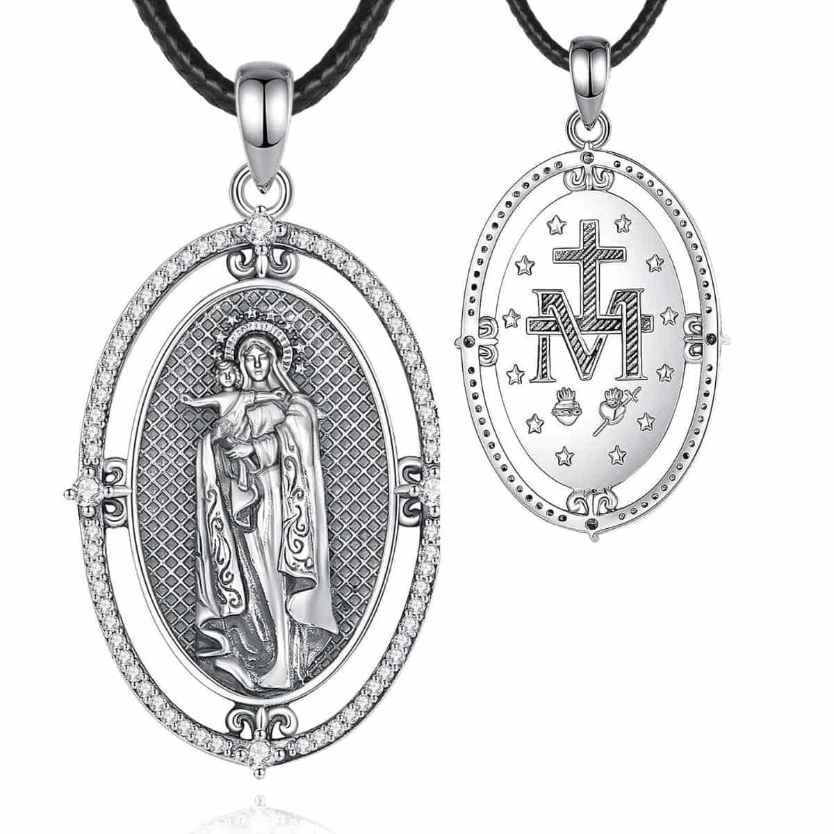 Silver Virgin Mary Miraculous Medal Necklace with 24 inch Rope Xenos Jewelry